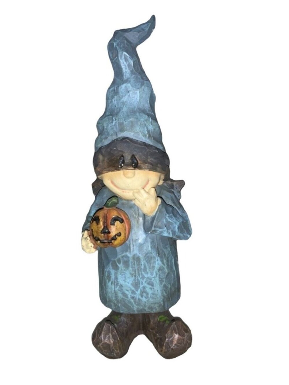 Halloween Witch Gnome Figurine Holding Pumpkin Rustic Blue & Brown Design